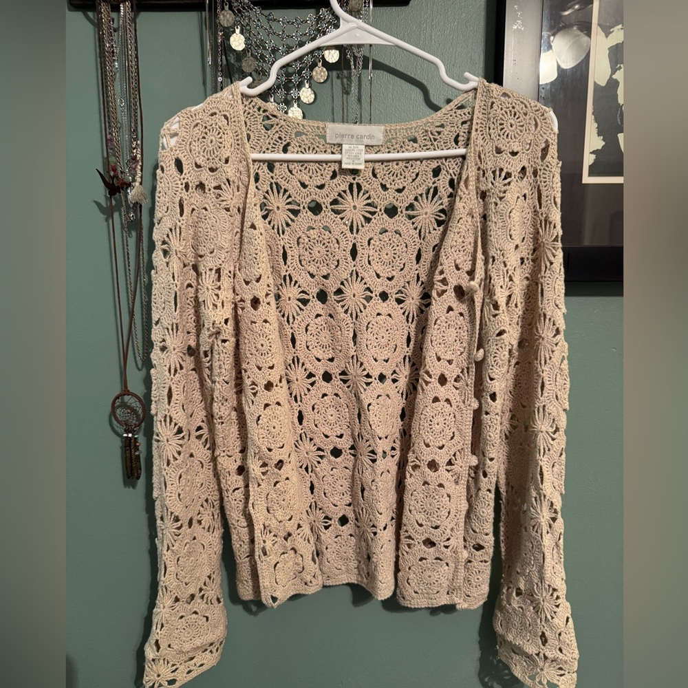 Pierre Cardin Beige Crochet Cardigan linen cotton fabric